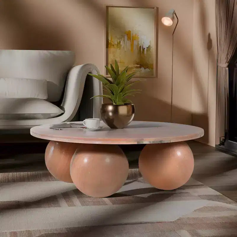 Round Marble Coffee Table with Sphere Legs, Multicolor, Seats 4??