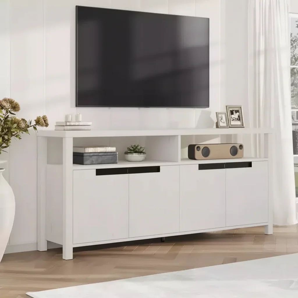 Living Room 63 Farmhouse TV Stand for Tv Up to 65 Inches, Rustic Boho Entertainment Console Table w/4 Door & Open Shelf, Television Consoles Stands