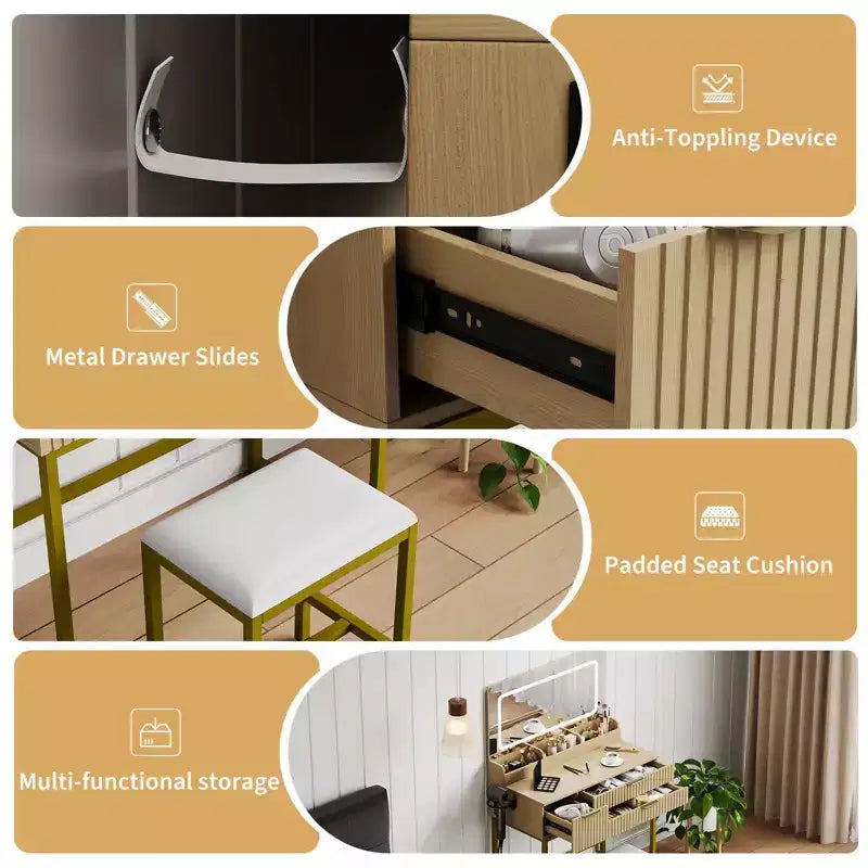 Czarna / Naturalne Drewno / Biała Toaletka z Lusterkiem LED, Szufladami i Taboretem – Dla 1 Osoby