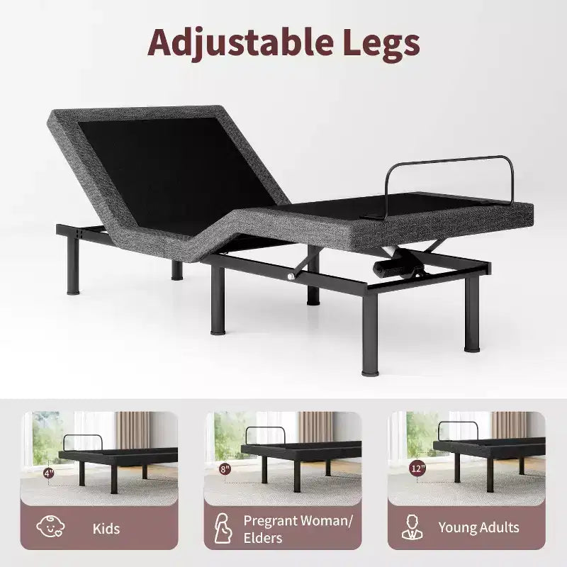 Cadre de lit électrique réglable Twin XL, métal et bois, pour 1 personne