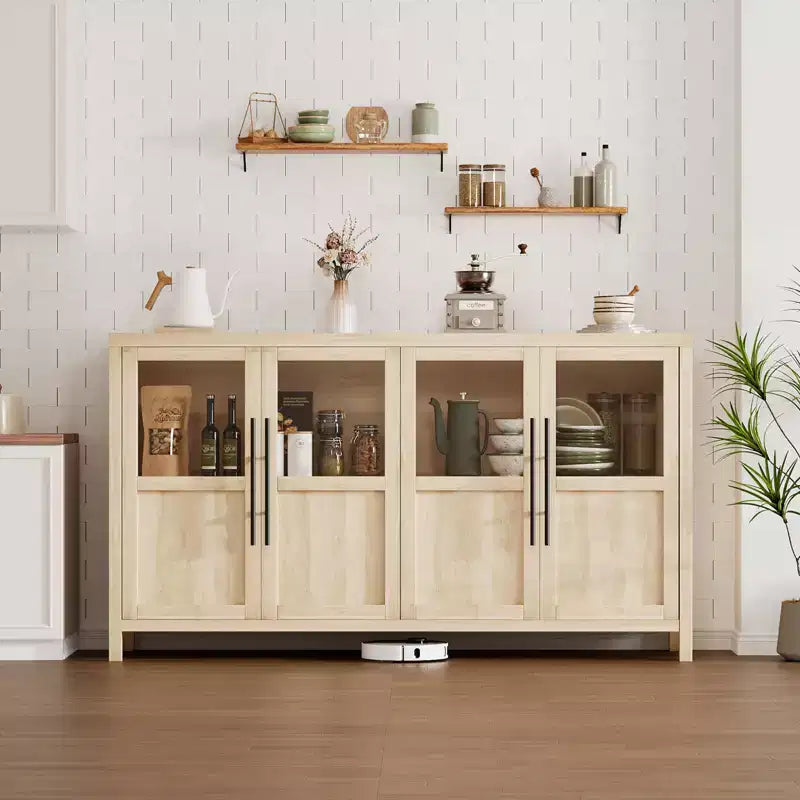 Buffet bahut avec portes vitrées, coloris noir/gris/bois, 4 portes, assemblage 1 personne