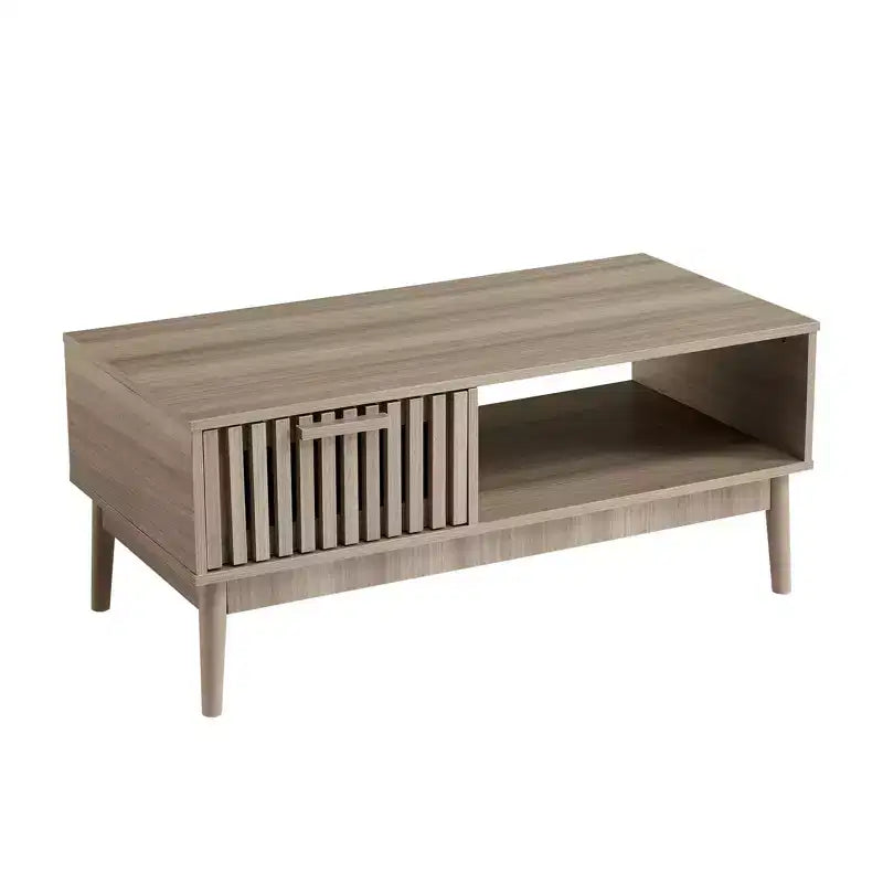 Acekool 39.4 Coffee Table with Drawer and Open Shelf, Mid Century Modern 2 Tier Rectangle Center Table for Living Room