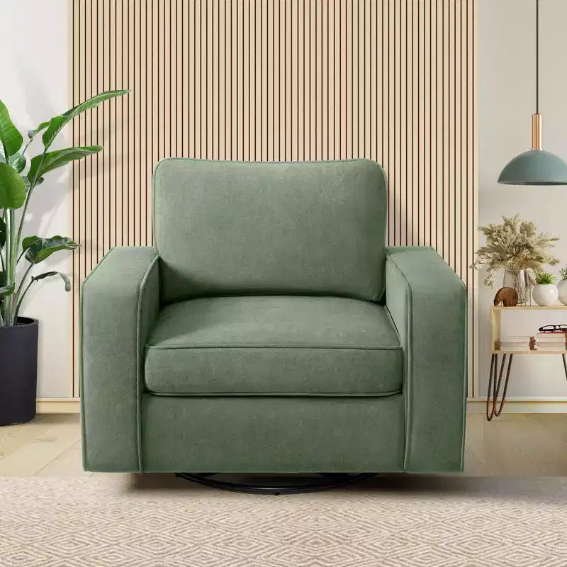 Fauteuil pivotant à 360° en tissu beige/vert, accoudoirs rembourrés, 1 place