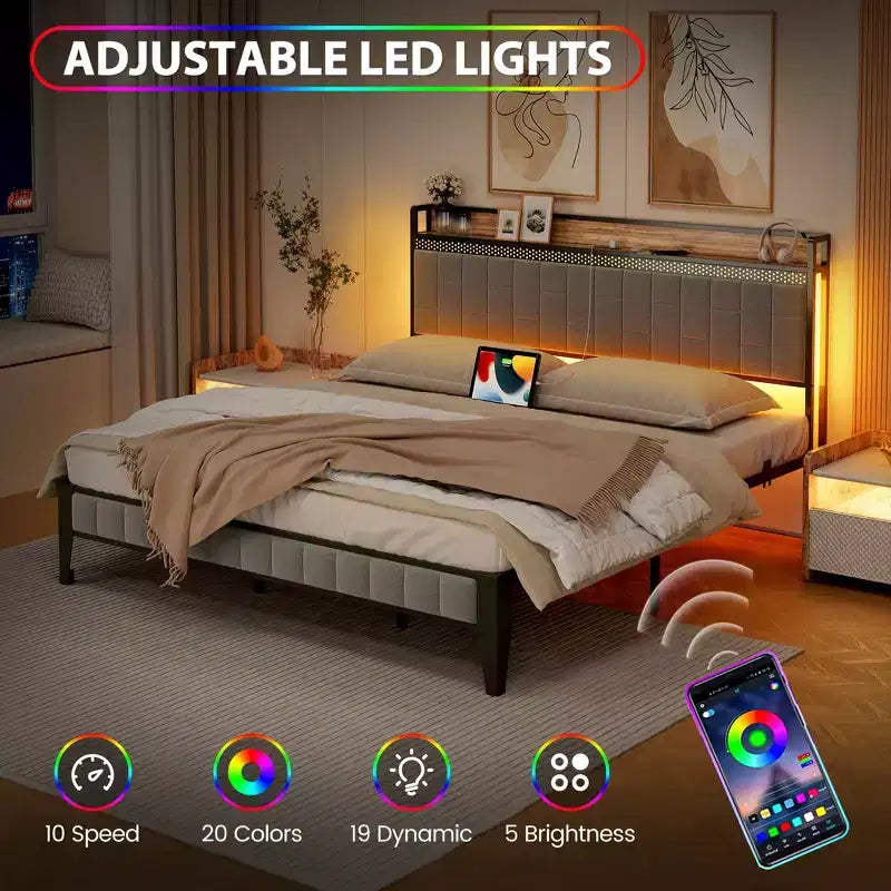 Lit rembourré en lin gris avec plateforme, lumières LED RVB et tête de lit de rangement, pour 1