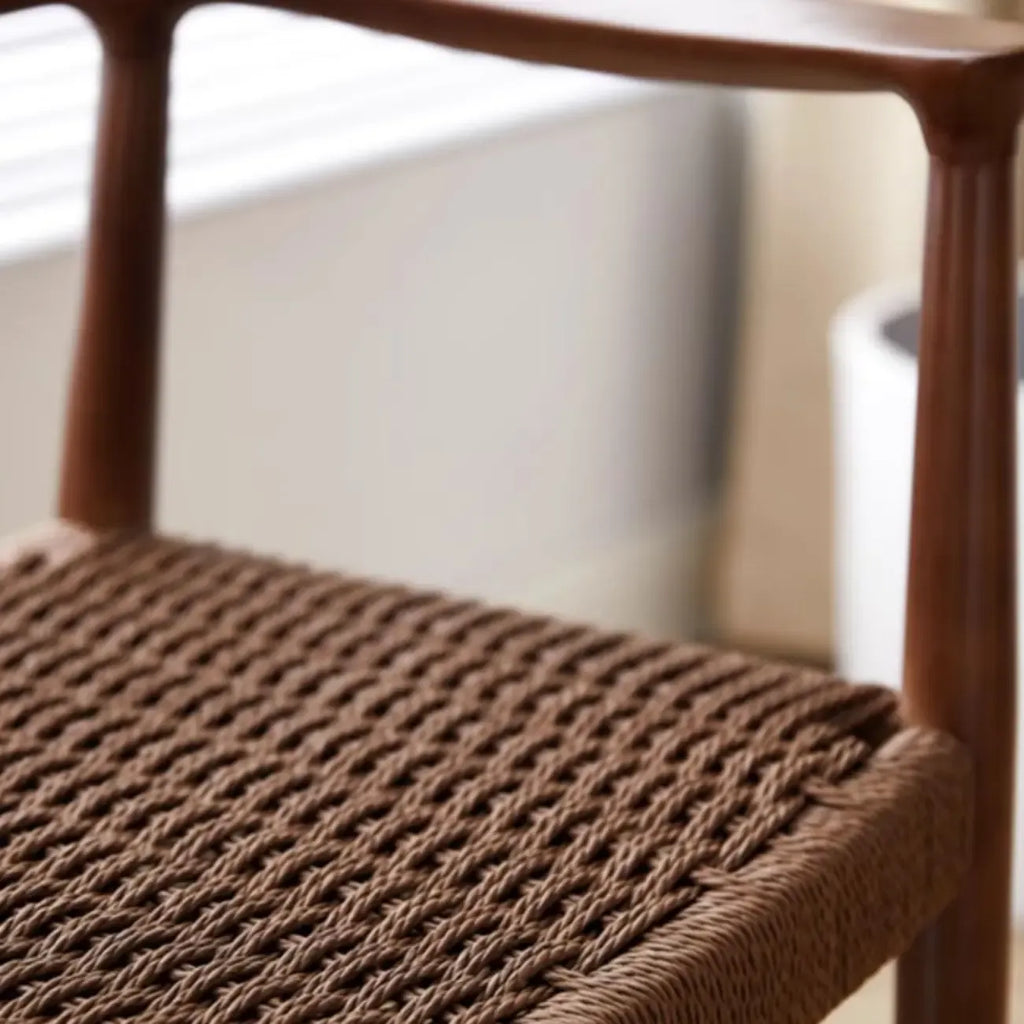 Scandinavian Curved Wood Woven Seat Armrest Dining Chair