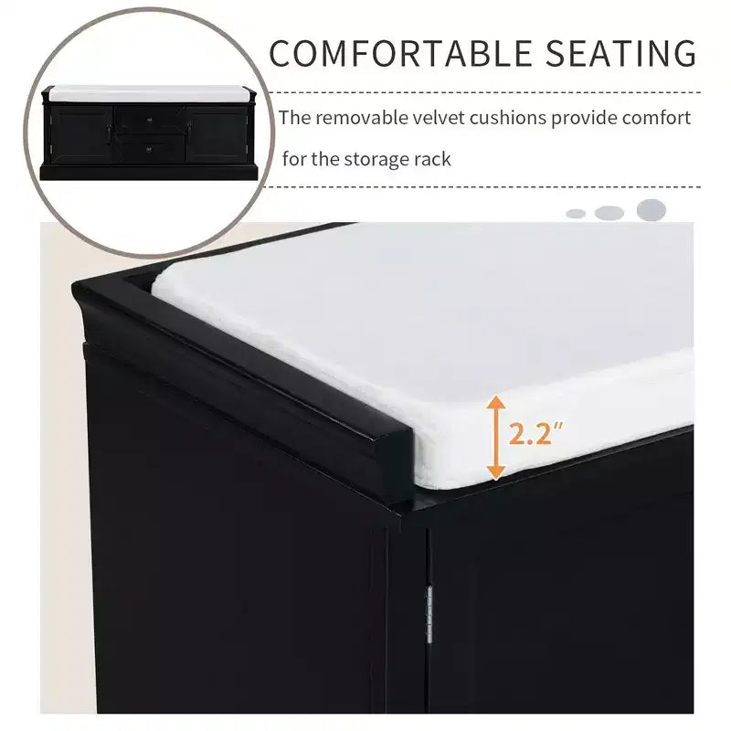 Banc de rangement capitonné avec tiroirs et placard, bois massif, 1 personne - Noir/Marron/Gris/Bleu Marine/Blanc