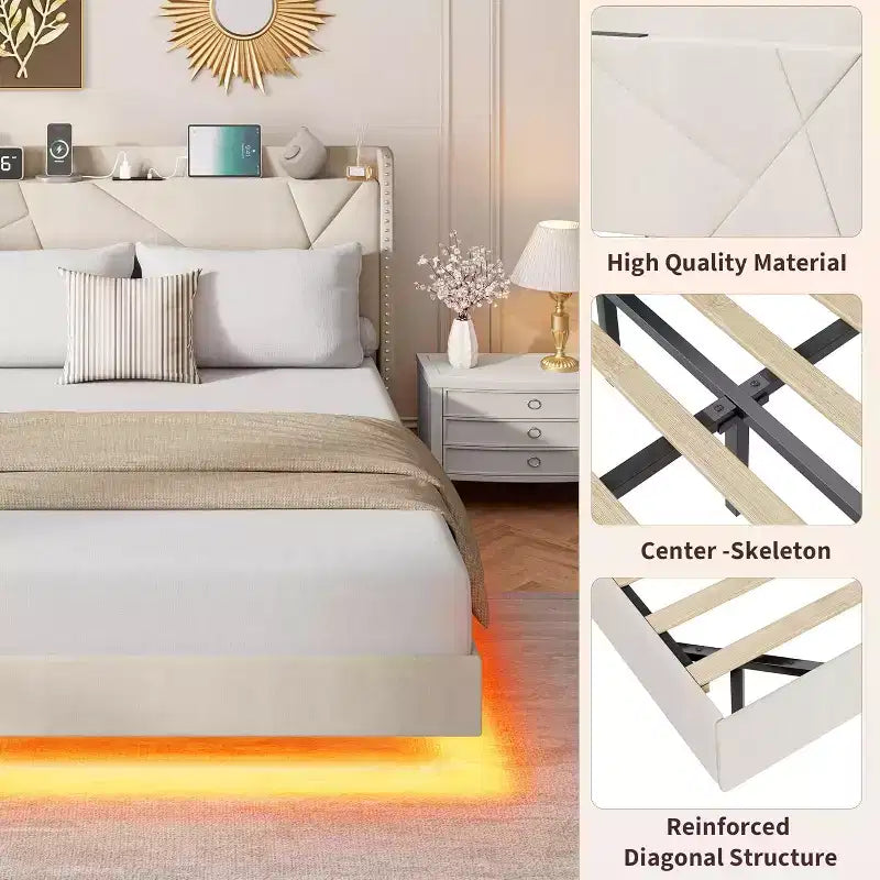 Lit plateforme flottant rembourré beige / noir / gris, lumières LED, tête de lit de rangement, pleine grandeur / grand format / très grand format, 1 personne
