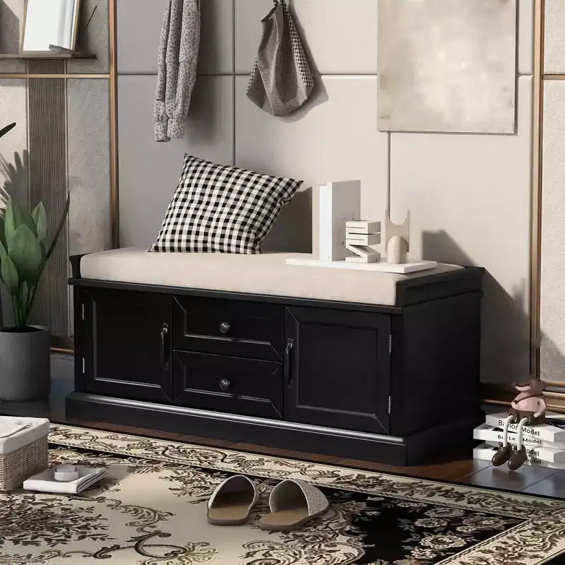 Wooden Storage Bench, Entryway Storage Bench with Drawers & Cabinets,Foyer Shoe Bench with Removable Cushion for Entryway Bedroom Living Room