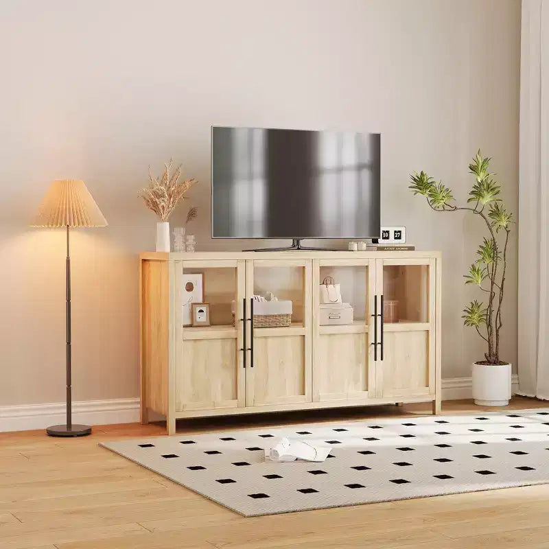 Buffet bahut avec portes vitrées, coloris noir/gris/bois, 4 portes, assemblage 1 personne