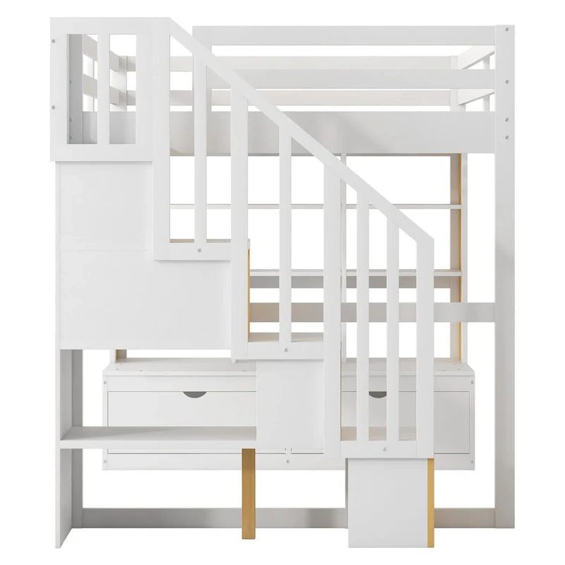 Natural+White Full Solid Wood Loft Bed with Desk & Drawers