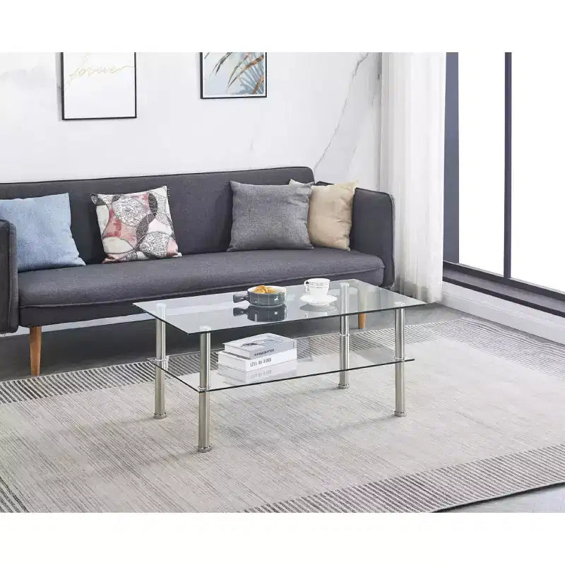 Table basse à 2 niveaux en verre transparent et métal argenté, 4 pieds