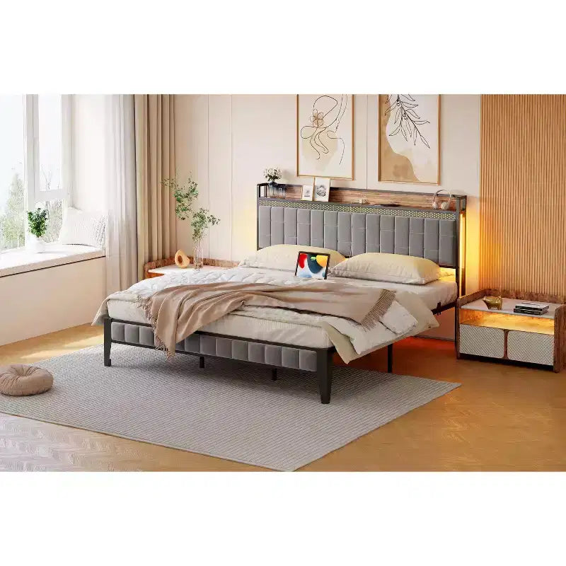 Storage Headboard Bed Frame | LED Lights & Charging Ports | No Box Spring Needed | Metal Frame | Easy Assembly