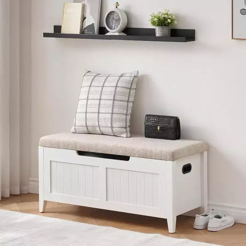 Banc de rangement capitonné marron / gris / rose / blanc, coffre en bois avec assise rembourrée, 1 personne