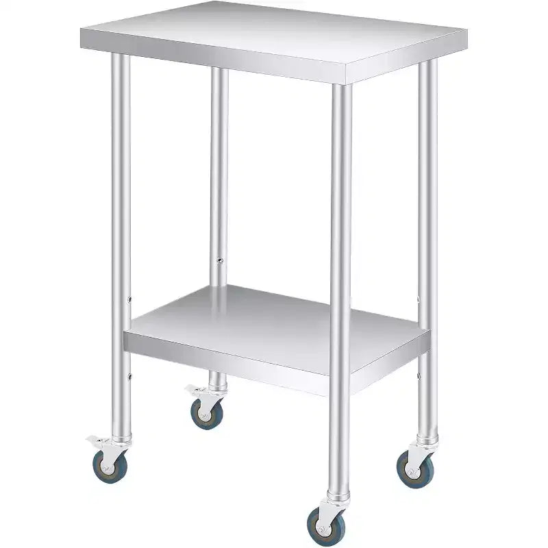 Table de travail en acier inoxydable argenté à 2 niveaux - Pieds fixes/Roues verrouillables, 1-2 personnes