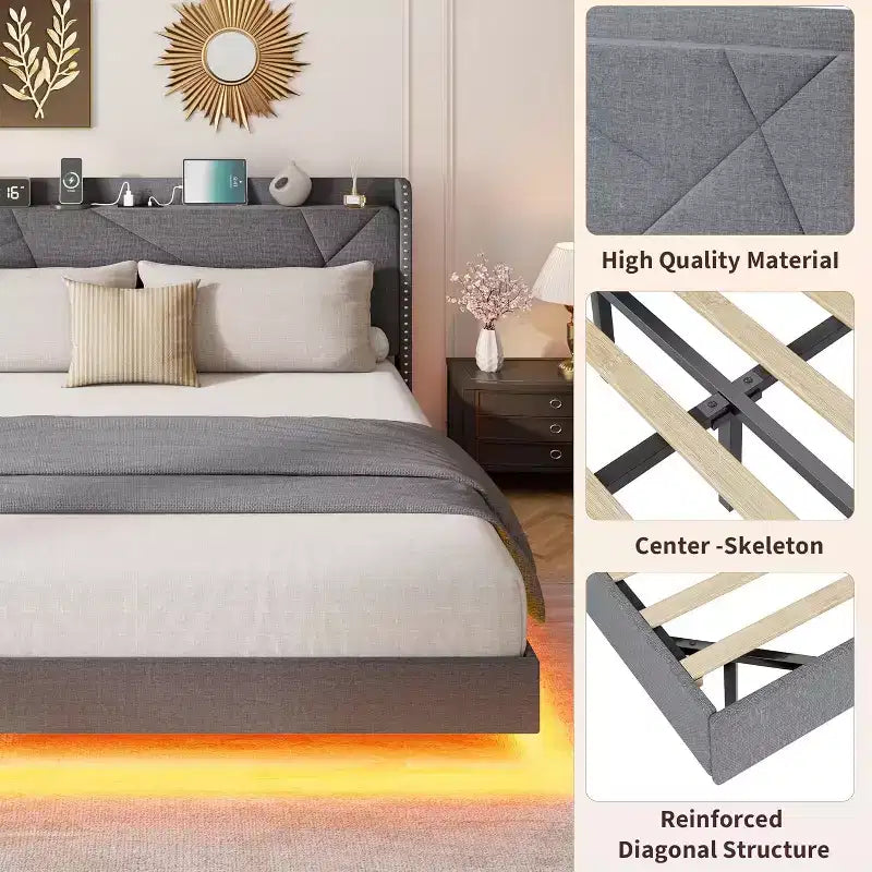 Lit plateforme flottant rembourré beige / noir / gris, lumières LED, tête de lit de rangement, pleine grandeur / grand format / très grand format, 1 personne