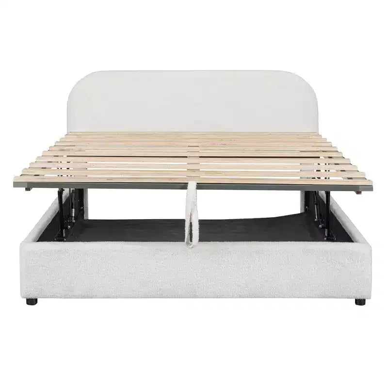 Queen Size Upholstered Bed with Lift-Up Storage - White