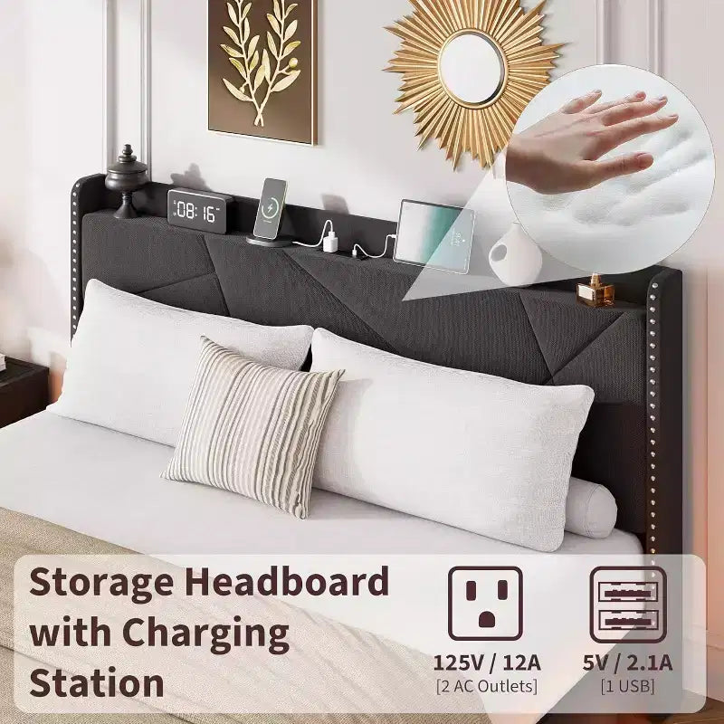 Lit plateforme flottant rembourré beige / noir / gris, lumières LED, tête de lit de rangement, pleine grandeur / grand format / très grand format, 1 personne