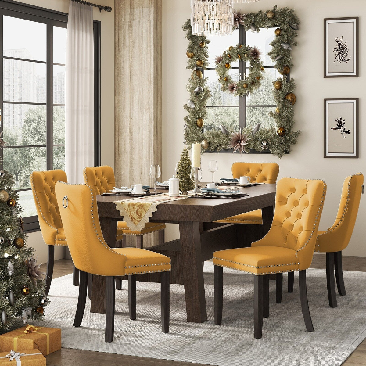 Upholstered Tufted Velvet Dining Chair with Solid Wood Legs Set of 6