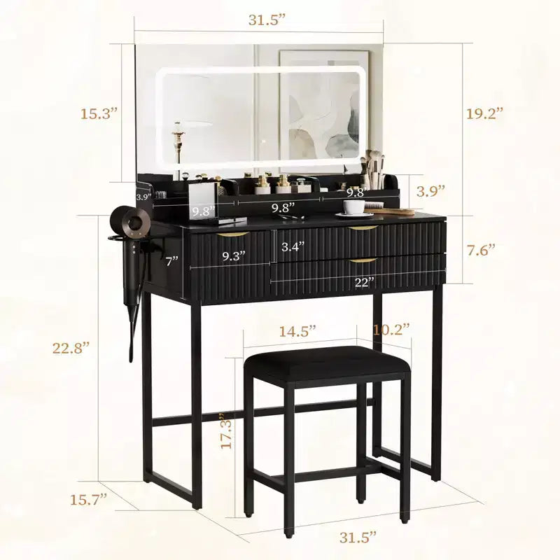 Coiffeuse noire/en bois naturel/blanche avec miroir LED, tiroirs et tabouret – 1 personne